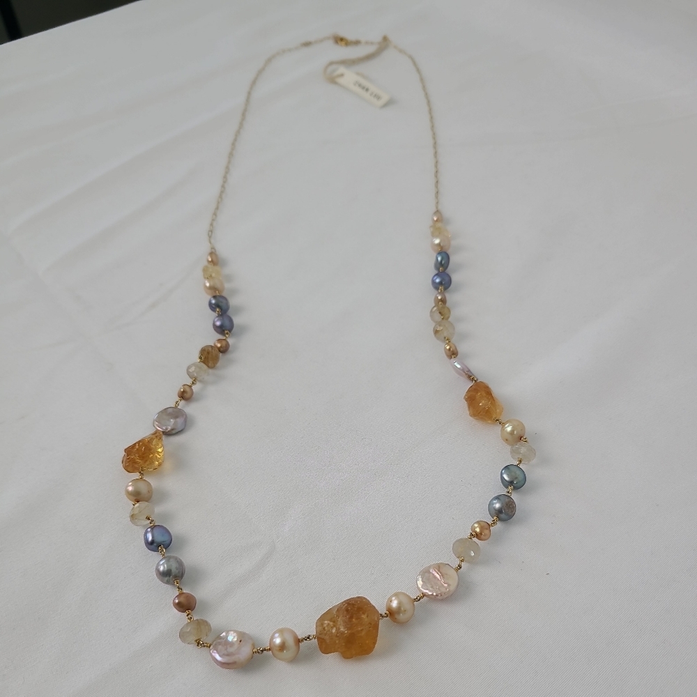 New Auth Chan Luu Champagne Pearl & Citrine Paperclip 18k gold Plated Necklace